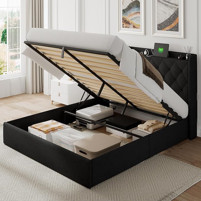 Feonase Full Size Bed Frame with Storage & Charging Station - Hydraulic Lift Up Platform Bed, Upholstered Button Tufted Headboard, Sturdy Wooden Slats, Noise-Free, No Box Spring Needed,Black