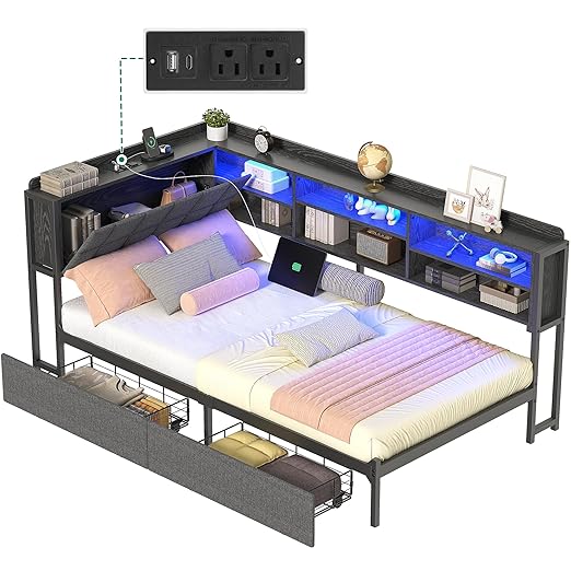 YITAHOME Twin Corner Bed Frame with Storage Drawers and Bookcase & Flip-up Storage Headboard, Twin Size Platform Corner Bed Frame with Charging Station and LED Lights, Twin Daybed for Dorm, Grey