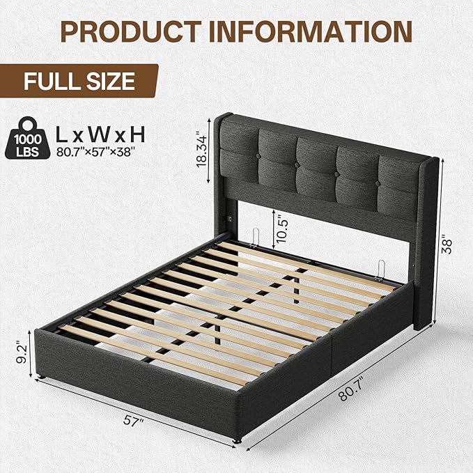 Lift Up Full Size Bed Frame with Storage, Upholstered Full Bed Frame with Wingback Headboard, No Box Spring Needed, Easy Assembly - Dark Grey