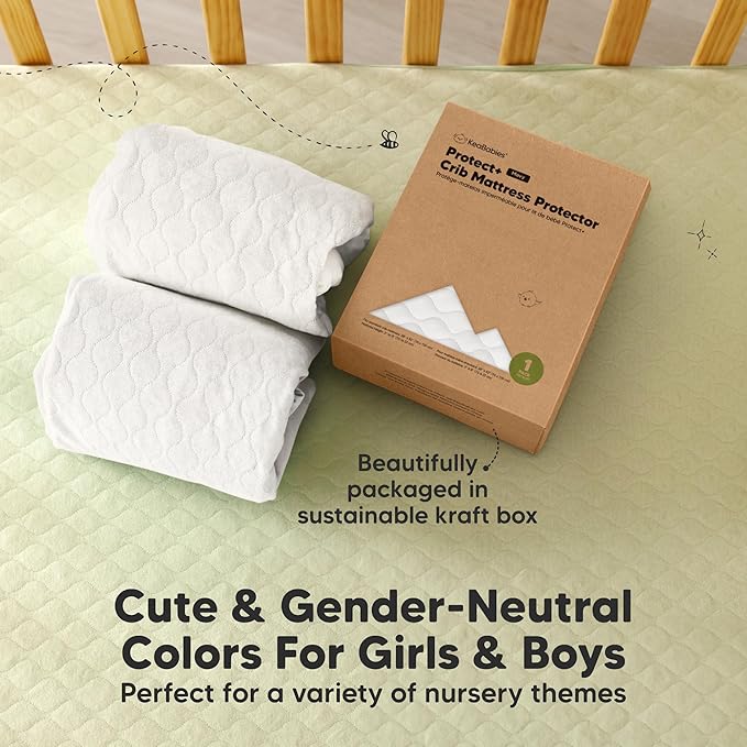 1-Pack Waterproof Crib Mattress Protector Cover Fitted - Quiet Baby Crib Mattress Pad Sheets, 52" x 28" Soft Quilted Cotton Baby Sheet, Machine Washable, Easy Fit, Durable (Soft White/Mavy)