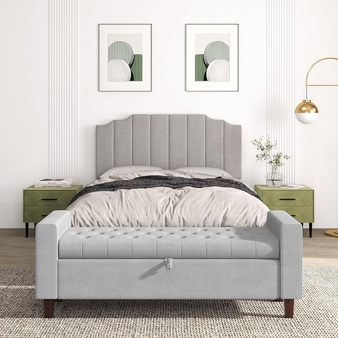 Befurtori Queen Size Headboard Only, Velvet Wall Mounted Headboard Queen Size for Adjustable Bed, Modern Vertical Channel Design with Curved Tufted Upholstered Head Board and Luxury Soft Padded, Gray