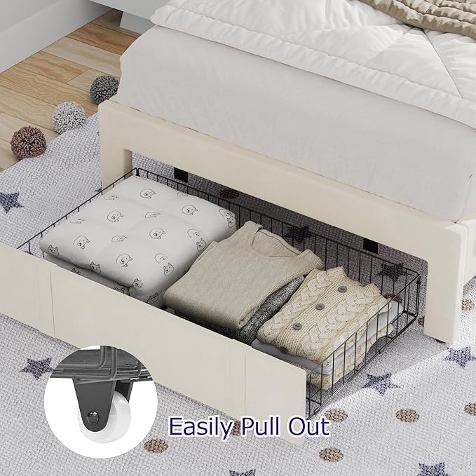 VECELO Twin Bed Frame with Storage Drawer, Heavy-Duty Platform Bedframe with Headboard & Strong Wooden Slats Support, No Boxing Spring Needed, Pala Beige