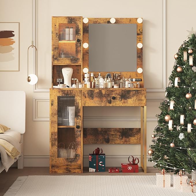 IDEALHOUSE Makeup Vanity Desk with Mirror and Lights, Vanity Table with Charging Station, 2 Open Compartments, 2 Acrylic-Door Cabinets, and RGB Lights Wood Dressing Table for Bedroom
