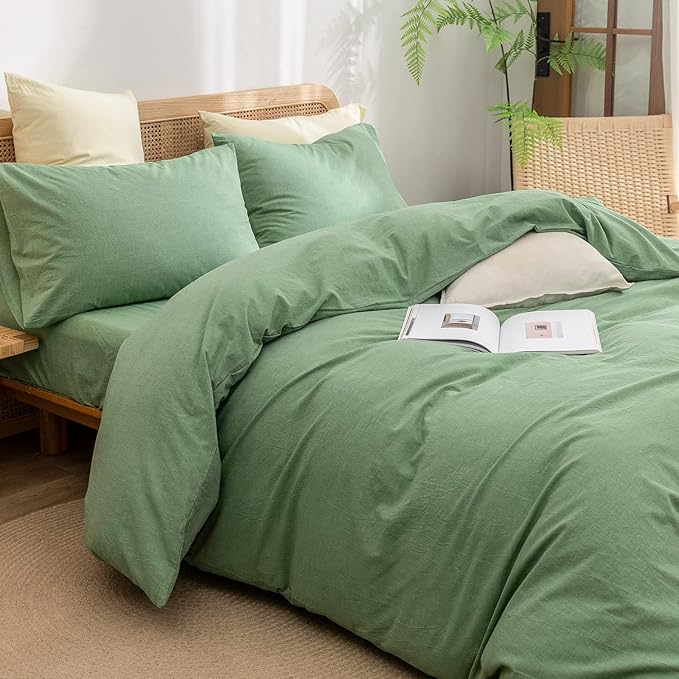 BESTOUCH Duvet Cover Set 100% Washed Cotton Linen Feel Super Soft Comfortable Chic Lightweight 3 PCs Home Bedding Set Light Grass Green Queen