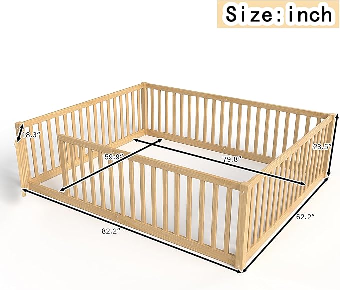 Bellemave Queen Size Montessori Floor Bed with 23.5" High Rails, Pine,Plywood Queen Floor Bed with Small Door, Natural