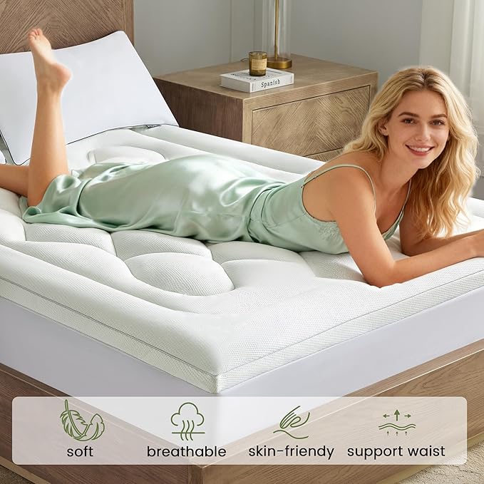 Mattress Topper Queen Size Mattress Pad,Viscose Made from Bamboo Mattress Cover,Pillow Top Mattress Topper for Back Pain Relief,Waterproof,Soft Mattress Pad(60x80 inch, White)