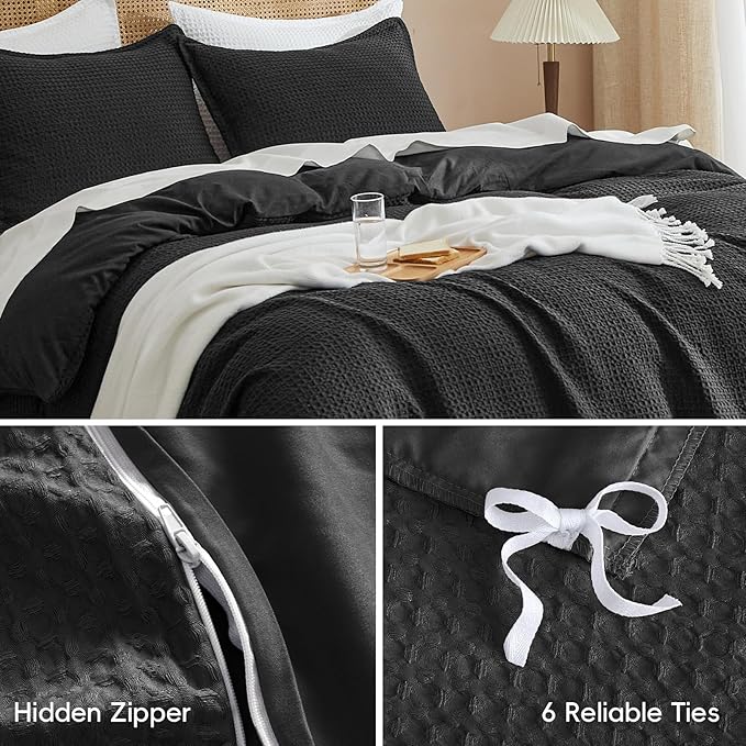 PHF Waffle Weave Duvet Cover Set Twin/Twin XL Size, No Snagging Ultra Soft Luxury Textured Breathable Comforter Cover for All Season 2pcs, Durable Bedding Duvet Set with 1 Pillow Sham, 68"x90", Black