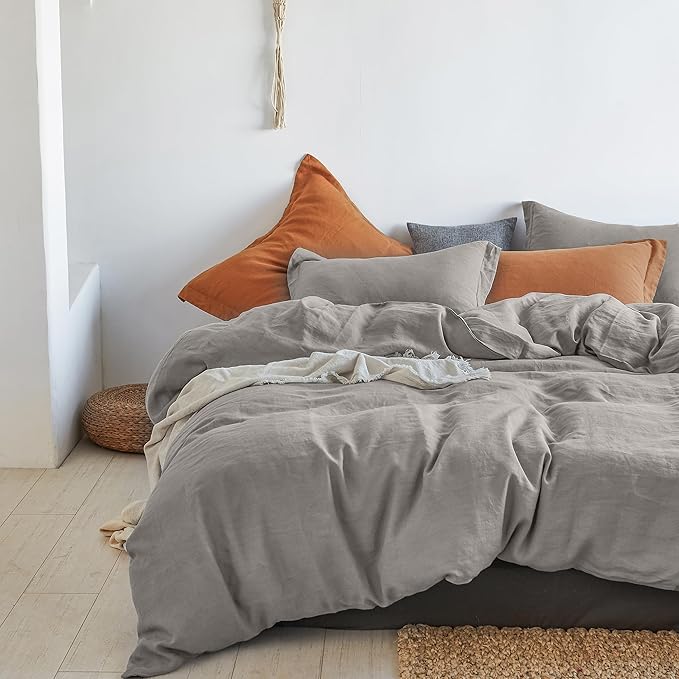 Simple&Opulence 100% Linen Duvet Cover Set 3pcs Basic Style Natural French Washed Flax Solid Color Soft Breathable Farmhouse Bedding with Button Closure - Dove Grey, Queen