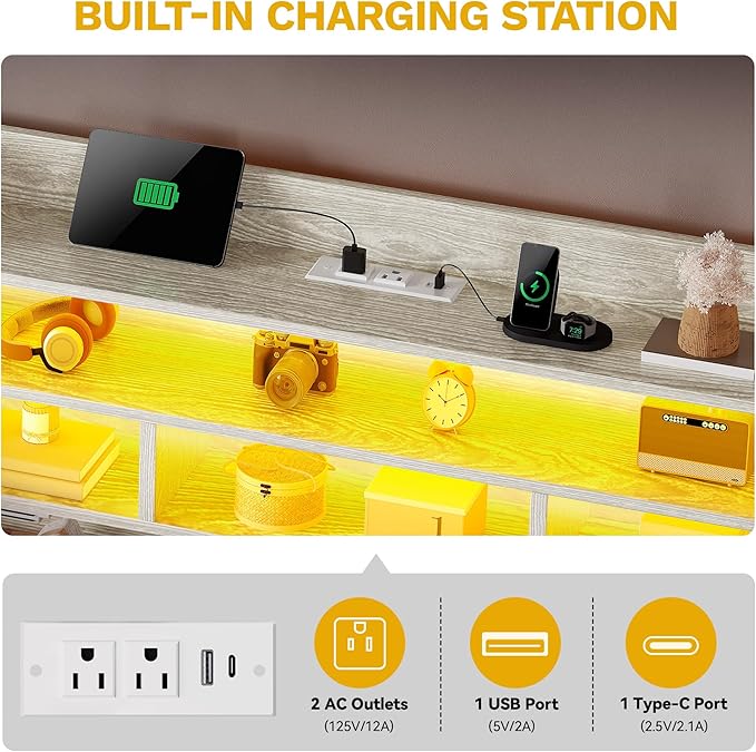 DWVO Queen Size Bed Frame with RGB LED Lights & Storage Bookcase Headboard, Upholstered Bed with Charging Station and 4 Drawers, No Box Spring Needed, Easy Assembly, Noise-Free, PU Leather White