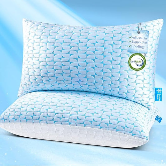 QUTOOL Firm Pillow Shredded Memory Foam, Cooling Pillow for Hot Sleeper, Adjustable Bed Pillow for Side Back Stomach Sleepers, Washable Cover, CertiPUR-US Certified, King Size Set of 2