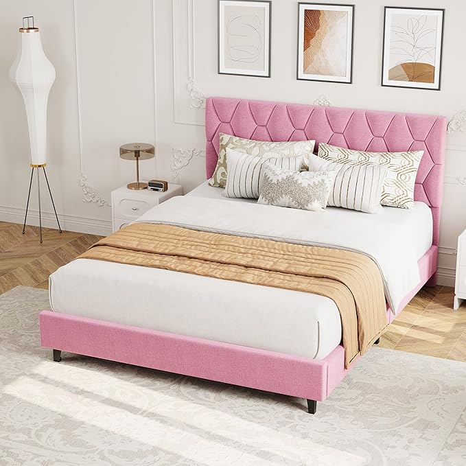 GarveeHome Pink Queen Bed Frame with Upholstered Headboard, Heavy-Duty Platform Bed Frame with Strong Wood Slats, No Box Spring Needed/Noise Free/Easy Assembly