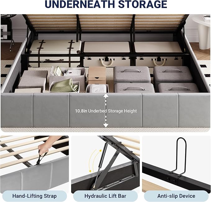 Allewie King Size Velvet Lift Up Storage Bed Frame, Vertical Channel Tufted Headboard, Hydrualic Underneath Storage, Upholstered Platform Bed, Wooden Slats Support, No Box Spring Needed, Gray