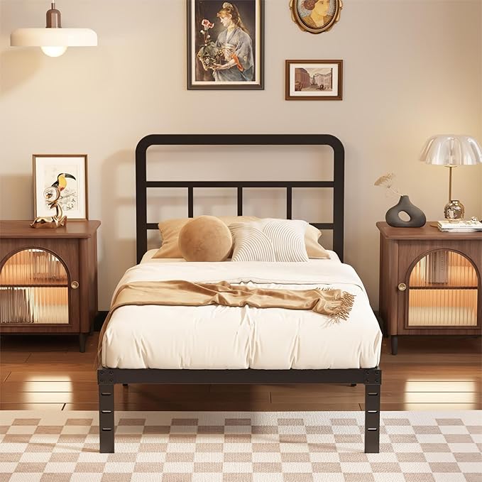 Husleephu Twin XL Bed Frames with Headboard, 12 Inch Twin XL Metal Bed Frame No Box Spring Needed, Heavy Duty Metal Slats, Noise Free, Easy Assembly, Black