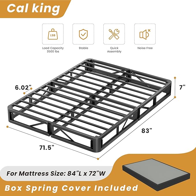 MAF Cal King Size King Box Spring, 7 Inch High Profile Box Spring Cal King 3500 lbs Black Heavy Duty Metal Mattress Foundation with Easy Clean Fabric Cover, Easy Assembly