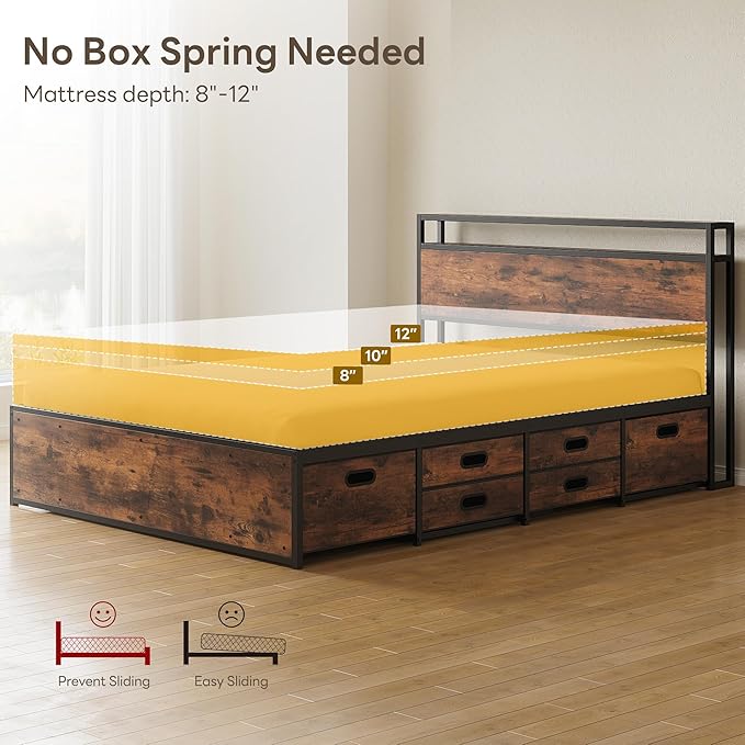 LIKIMIO Queen Bed Frame with 12 Fabric Storage Drawers, Industrial Platform Bed Frame with Headboard, No Box Spring Needed, Sturdy Metal Slat Support, Rustic Brown, Noise-Free, Easy Assembly