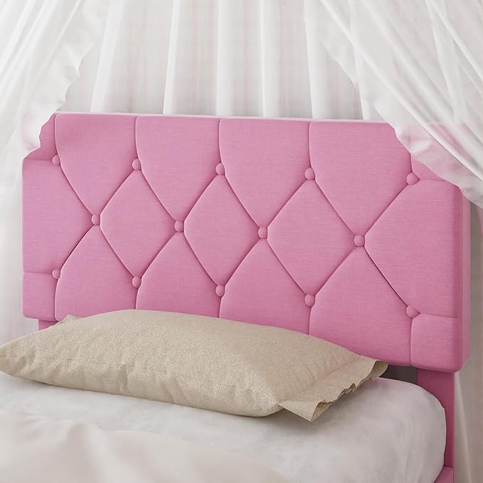 VECELO Twin Size Bed Frame with Button Tufted Headboard, Upholstered Platform Bedframe with Wood Slat Support, No Box Spring Needed, Linen Pink