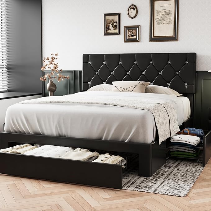 VECELO Queen Size Bed Frame with 3 Storage Drawers, Leather Upholstered with Diamond Tufted Headboard, Solid Wood Slat Support & Steel Framework, PU & Black