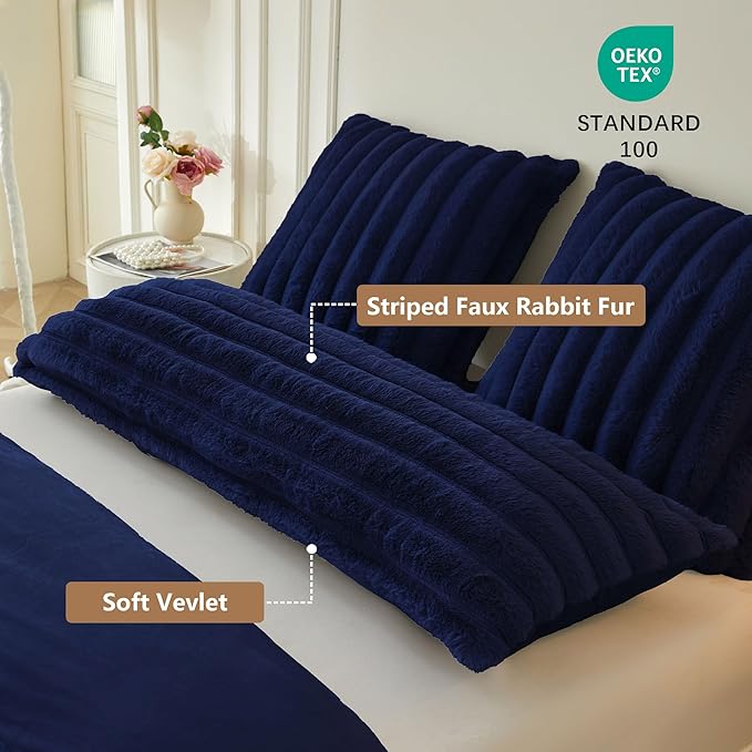 MEGO Luxury Faux Rabbit Fur Body Pillow Cover Blue, Fluffy Furry Fuzzy Striped 20x54 Bed Pillowcase, Comfy Plush Ribbed Bedroom Long Pillow Case with Zipper for Pregnant Women Side Sleeper, Navy Blue