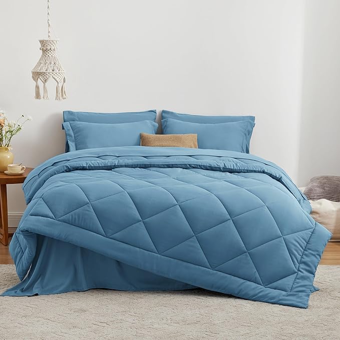 Love's cabin Twin Comforter Set Misty Blue, 5 Pieces Twin Bed in a Bag, All Season Bedding Sets with 1 Comforter, 1 Flat Sheet, 1 Fitted Sheet, 1 Pillowcase and 1 Pillow Sham | Soft, Breathable, Lightweight, Comfortable