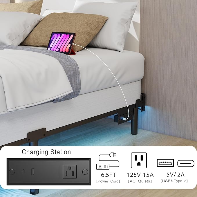 Adjustable Bed Frame with Smart LED Lights & Charging Station,Sturdy Metal Platform Bed Base for Box Spring & Mattress,Headboard Compatible,Length Extendable,Twin/Full/Queen/King Size (7 Inch, Twin)