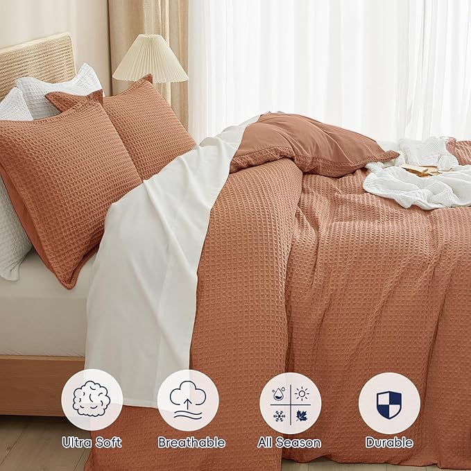 PHF Waffle Duvet Cover Set California King, No Snagging Ultra Soft Luxury Textured Breathable Comforter Cover for All Season 3pcs, Durable Bedding Duvet Set with 2 Pillow Shams, 104"x98", Terra Cotta