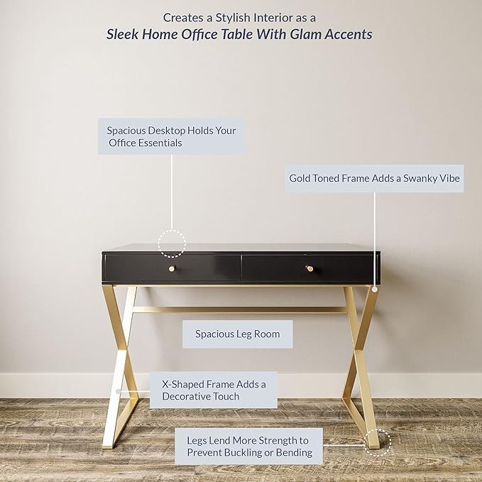 BELLEZE Modern 42 Inch Makeup Vanity Dressing Table or Home Office Computer Laptop Writing Desk with Two Storage Drawers, Wood Top, and Gold Metal Frame - Ellena (Black)