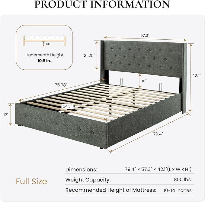 SHA CERLIN Full Size Lift Up Storage Bed Frame,Button Tufted Wingback Headboard,Upholstered Platform,Hydraulic Storage,Wooden Slat Support,No Box Spring,Dark Grey