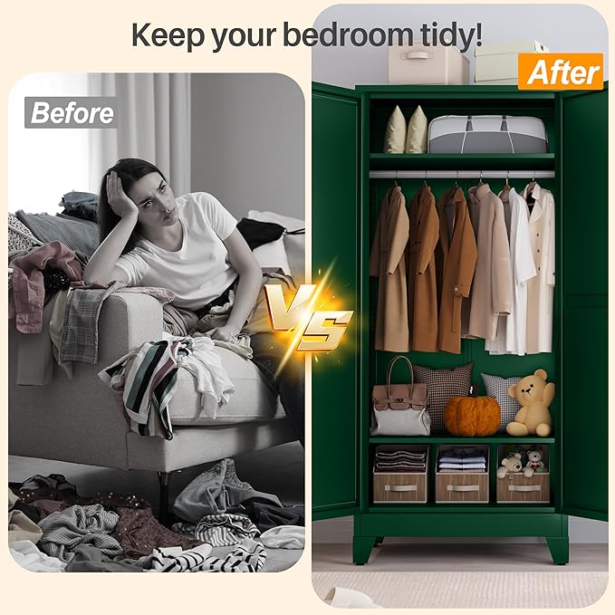 RIETERN Metal Armoire Wardrobe Closet, 71" Tall Bedroom Closet with Mirror, Adjustable Shelves, and Hanging Rod, Steel Clothes Closets and Storage, for Bedroom Green