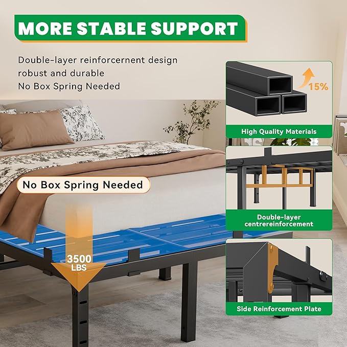 18 Inch Twin Bed Frames, Heavy Duty Metal Platform 3500 lbs Capacity, No Box Spring Needed, 6 Mattress Slide Stopper, Headboard Holes, Noise-Free, Easy Assembly, White
