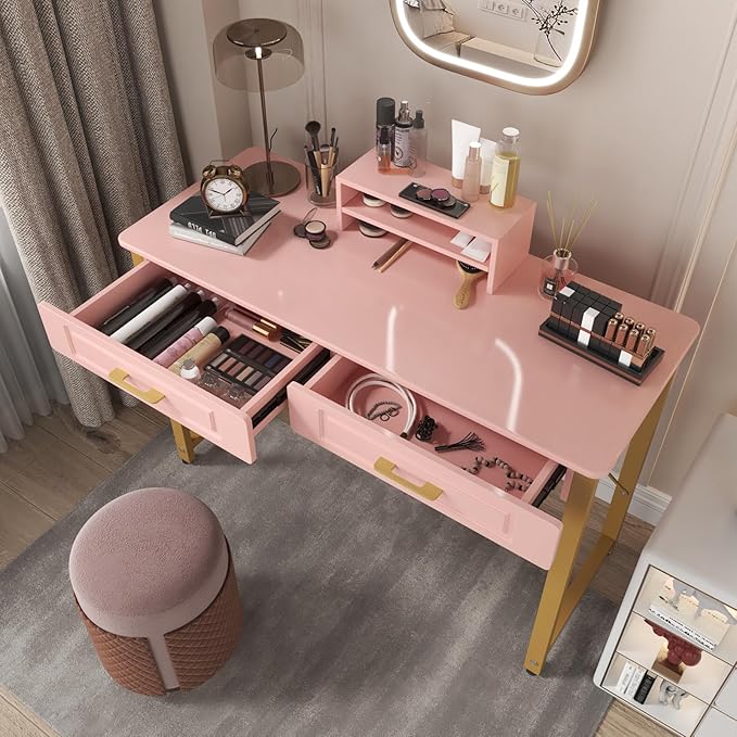 WESTREE Vanity Desk with 2 Drawers and Storage Shelf, Modern Makeup Table with Glossy Desktop, Gold Metal Frame Writing Desk for Bedroom or Home Office, No Mirror