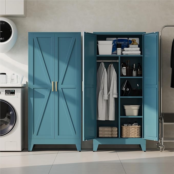 Baborokic 71" Armoire Wardrobe Closet with Hanging Rod,Metal Wardrobe Cabinet with Adjustable Shelves and Doors,Farmhouse Office Cabinets for Bedroom,Office,Laundry,Employee(Blue)