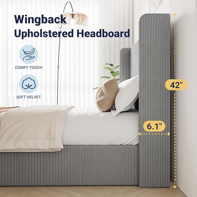 Allewie King Lift-Up Storage Bed Frame with Modern Wingback Headboard, Corduroy Upholstered Platform Bed, Hydraulic Gas Lift Support, Underbed Storage, Wooden Slats, No Box Spring Needed, Grey
