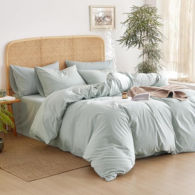 Wake In Cloud - Striped Cotton Duvet Cover Set, 100% Washed Cotton Textured Percale Bedding Set, Ticking Stripe Pinstripe Farmhouse, 3 Pieces, Greyish Blue, Queen Size
