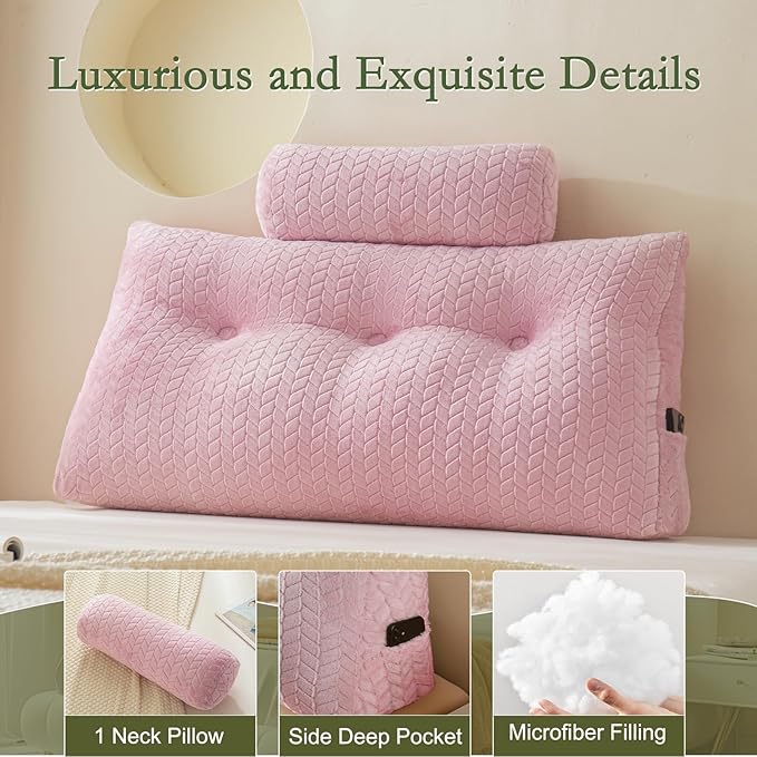 YOUR MOON Wedge Headboard Pillow Twin Size, Triangular Wedge Backrest Pillow with 1 Pack Neck Roll Pillows, Headboard Pillow for Bed,Daybed,and Lounging, Large Bed Bolster Pillows,Pink