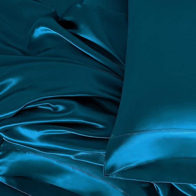 Homiest 3pcs Satin Sheets Set Luxury Silky Satin Bedding Set with Deep Pocket, 1 Fitted Sheet + 1 Flat Sheet + 1 Pillowcase (Twin Size, Dark Teal)
