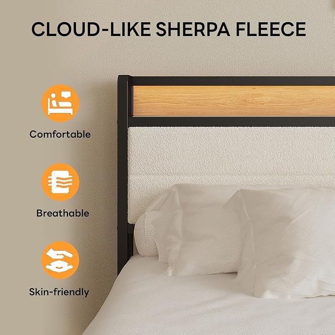 LIKIMIO King Size Bed Frame, Storage Headboard with LED Lights and Charging Station, Metal Platform Bed No Box Spring Needed, Noise Free, Under Bed Storage, Natural and Cream