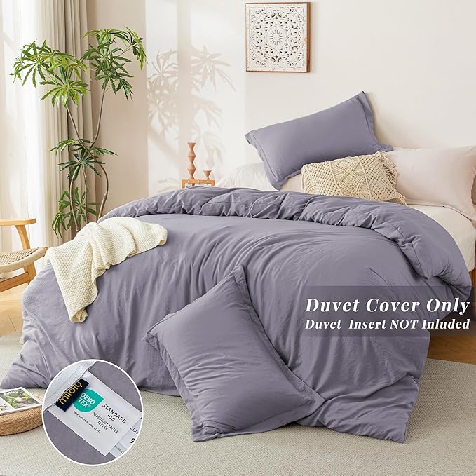 MILDLY Super Soft Duvet Cover - 100% Washed Microfiber Grayish Lavender Comforter Cover Set 3 Pieces with Zipper Closure & Corner Ties (No Comforter)
