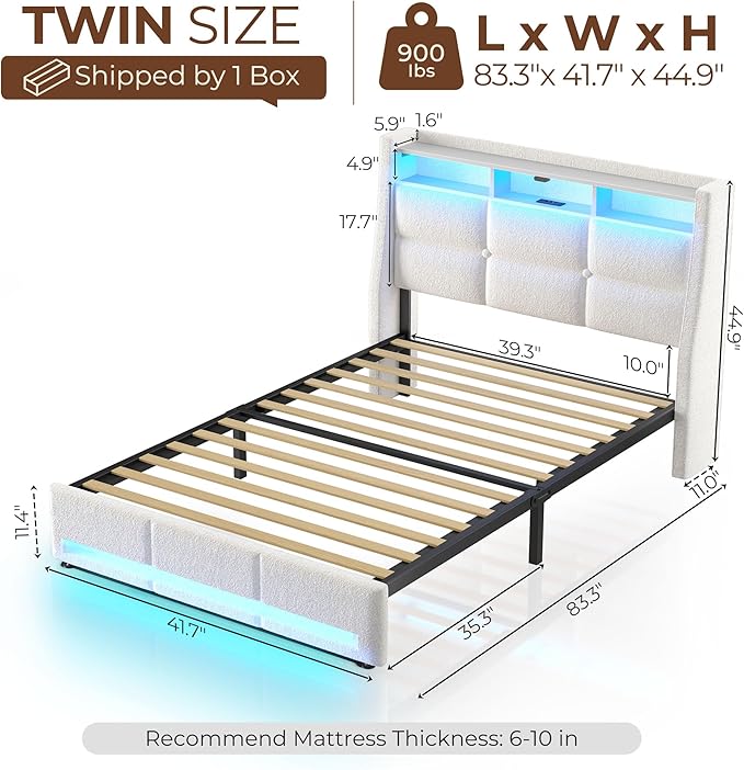 Rolanstar Twin Size Bed Frame with LED Lights and Charging Station, Upholstered Headboard with 2-Tier Storage Shelves, Heavy Duty Metal Frame, Noise-Free Support, Easy Assembly, No Box Spring Needed