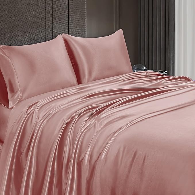 Homiest 4pcs Satin Sheets Set Luxury Silky Satin Bedding Set with Deep Pocket, 1 Fitted Sheet + 1 Flat Sheet + 2 Pillowcases (Queen Size, Rich Pink)