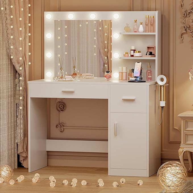 JUMMICO 35.4" Vanity Desk with Mirror and Lights - LED Makeup Vanity Table with Charging Station, 3 Color Adjustable Lights, 3 Drawers & Large Cabinet with Shelves for Bedroom Dressing Room (White)
