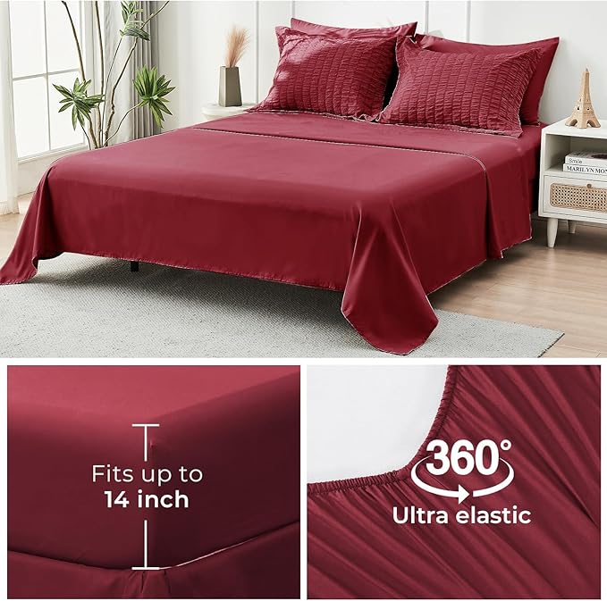 HYMOKEGE Burgundy Queen Comforter Set Seersucker 7 Pieces, All Season Luxury Bed in a Bag for Bedroom, Bedding Set with Comforters, Sheets, Pillowcases & Shams