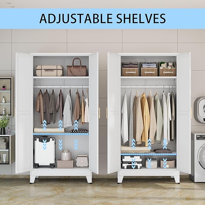 erosoei 71 "Metal Armoire Wardrobe Closet, Steel Clothing Storage Cabinet with Adjustable Shelves and Hanging Rod, Household Steel Wardrobe Storage Cabinet with Adjustable Standing feet (White)