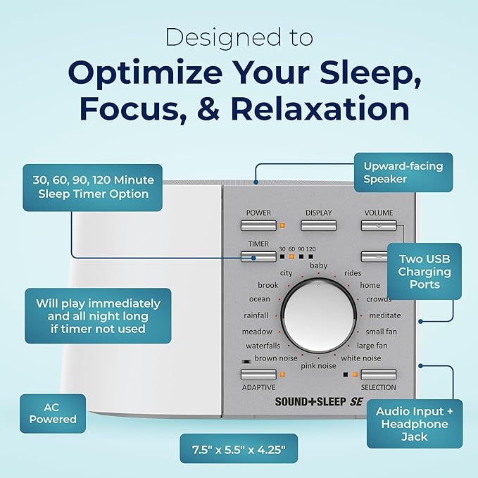 Adaptive Sound Technologies Sound + Sleep SE - White Noise Machine for Focus Support - Convenient Sleep Timer - Built-in Headphone Jack - Precision Volume Settings - Speech Privacy - White