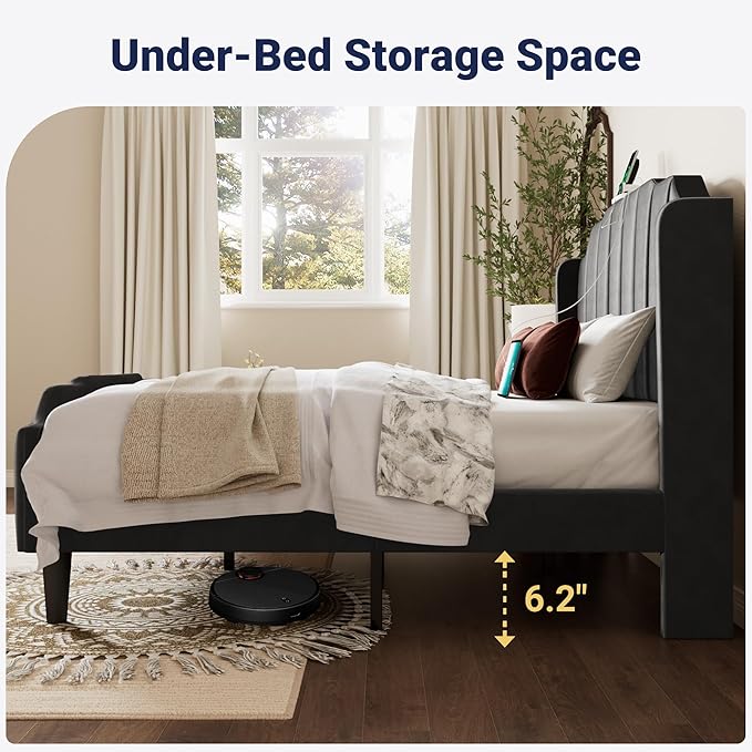 Allewie Vintage Full Size Velvet Platform Bed Frame with Curved Vertical Tufted Wingback Headboard and Footboard, Charging Station, Easy Assembly, Under Bed Storage, No Box Spring Required, Black