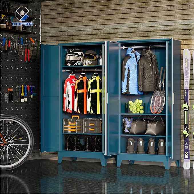 COFaR 71'' Metal Armoire Wardrobe Closet, Steel Wardrobe Cabinet with Adjustable Hanging Rod and Shelves, 2 Doors Farmhouse Closet Storage for Bedroom Garage Office, Peacock Blue