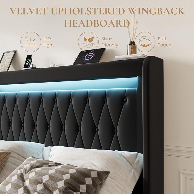 SHA CERLIN Full Size LED Bed Frame with Charging Station, Velvet Upholstered Platform Bed with High Wingback Headboard, No Box Spring Needed, Easy Assembly, Black