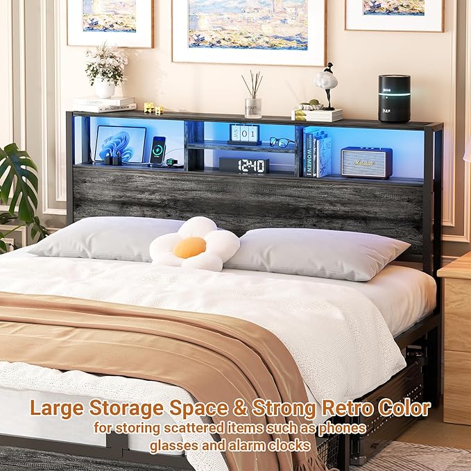 Aheaplus Headboard for Queen Size Bed with Storage, Headboards with Outlets, USB Ports and LED Light, Queen Size Head Board Only, Height Adjustable, Reversible, Sturdy and Stable Headboard, Black Oak