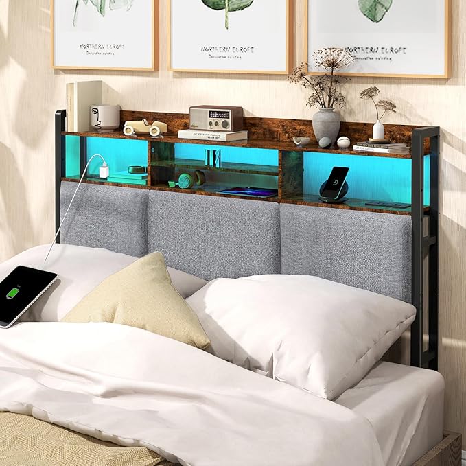 Livofloral Headboard for Full Size Bed with Charging Station and LED Light, Full Bed Upholstered Head Board with Storage Shelves, Full Size Headboard with Power Outlets, Height Adjustable, Brown