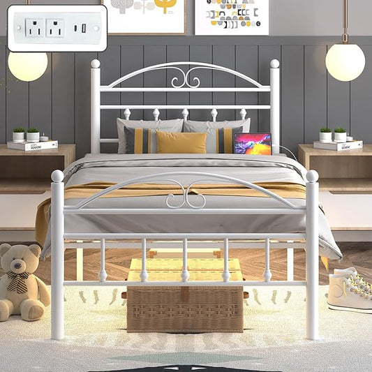12 Inch Twin Size Bed Frames with Charging Station,White Metal Platform Bed Frame with LED Lights,Heavy Duty Metal Steel Slats Support,No Box Spring Needed,Noise Free,Easy to Assemble
