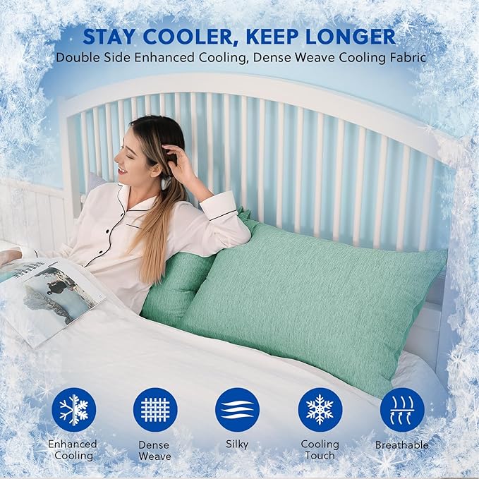 HOMFINE Cooling Pillowcases Standard Size - Double Side Q-Max 0.439 Cooling Fiber for Pillow Protector, Breathable Cold Pillow Cover for Hot Sleeper Night Sweat, Hidden Zipper, 2 Pack (20"x26", Green)